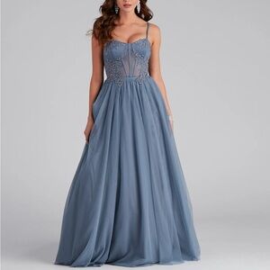 Windsor Blue Mesh Corset Prom Dress
